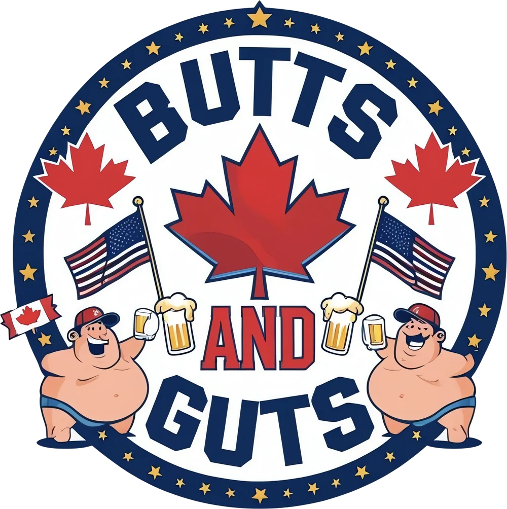 Two cartoon dads toasting beers with maple leaves and American flags