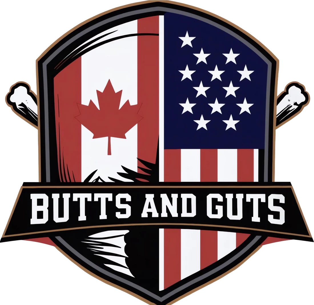 Butts and Guts shield logo with the Canadian and American flags